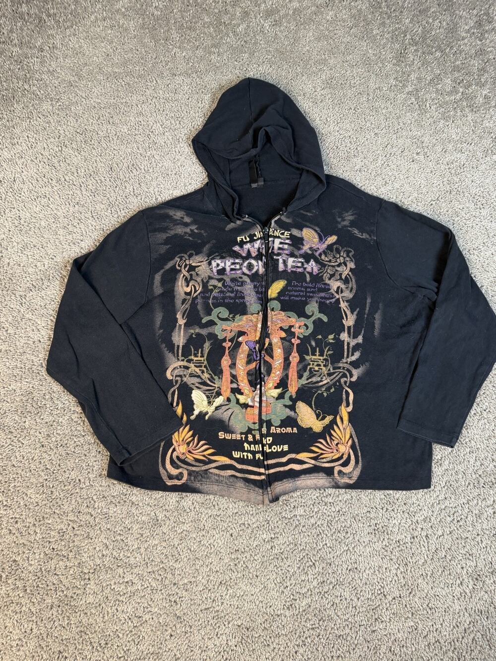 Olivia Paige Hoodie Womens 2X Black White Peony Tea Hooded Graphic Fleece